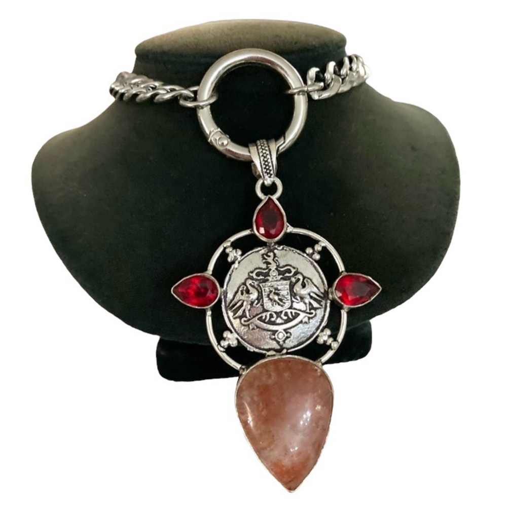 925 Sterling silver overlay orange brown agate & red garnet stones boho necklace - Picture 3 of 15